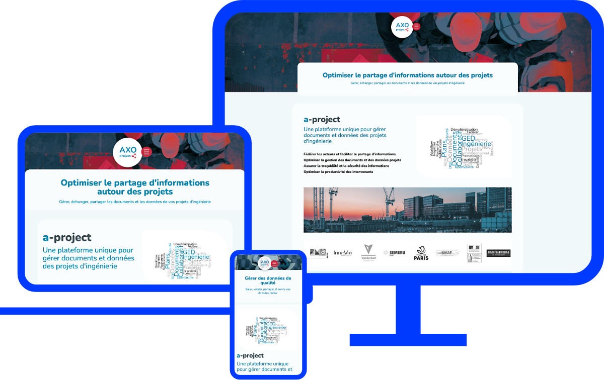 AXO projet écran format desktop, tablette et mobile du site