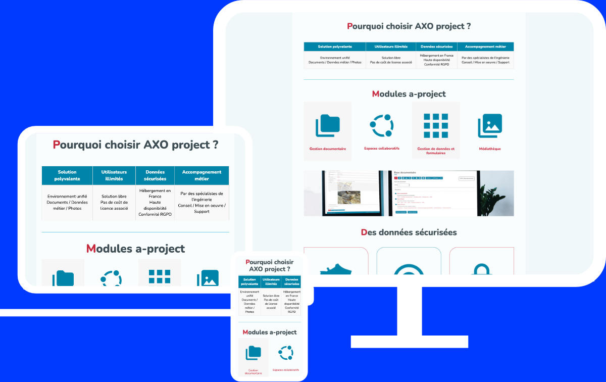 AXO projet écran format desktop, tablette et mobile du site